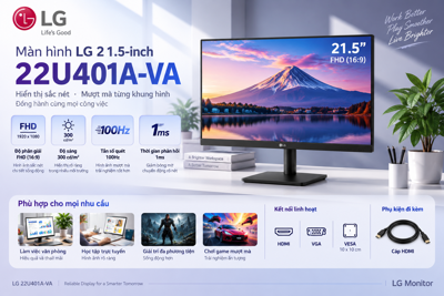 Màn hình LG 22U401A-VA 21.5 Inch FHD 100Hz 1ms – Lựa Chọn Cân Bằng Cho Văn Phòng, Học Tập Và Giải Trí