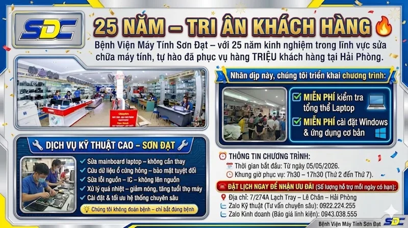 25 NĂM UY TÍN: BỆNH VIỆN MÁY TÍNH SƠN ĐẠT TRI ÂN KHÁCH HÀNG – MIỄN PHÍ KIỂM TRA & CÀI ĐẶT LAPTOP