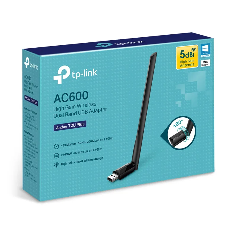 USB Wifi TP-Link Archer T2U Plus Dual Band AC600  600 Mbps(200 Mbps: 2.4 GHz, 433 Mbps có An-ten 5dBi