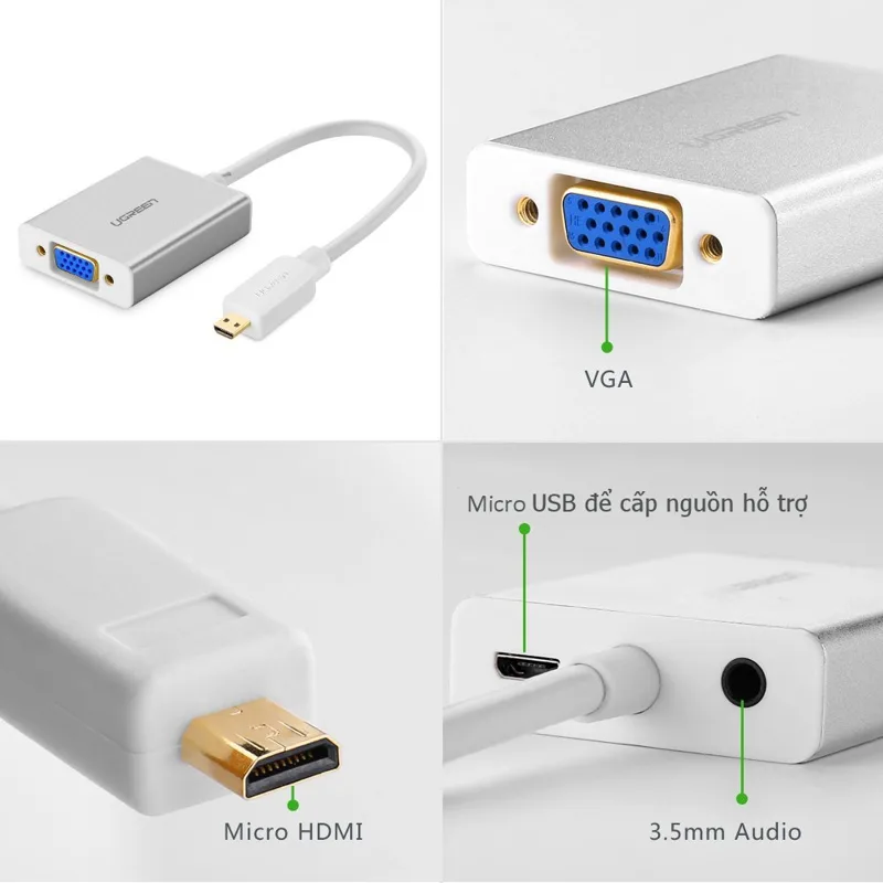 Cable chuyển micro HDMI to VGA và Audio Ugreen UG 40222/40268