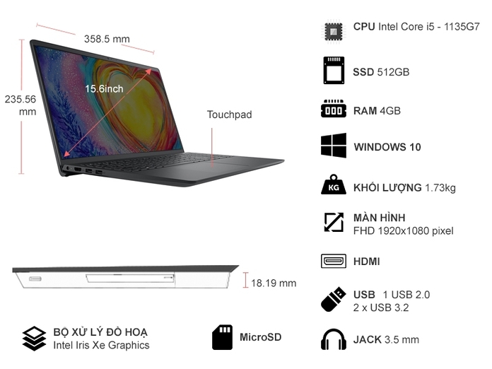 Dell Inspiron 3511 N3511B chính hãng, giá tốt Hải Phòng