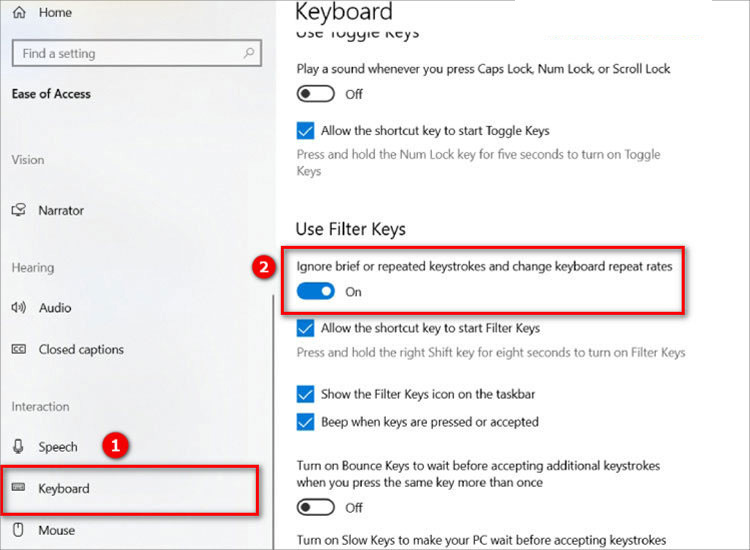 Bật On tại dòng Ignore brief or repeated keystrokes and change keyboard repeat rates