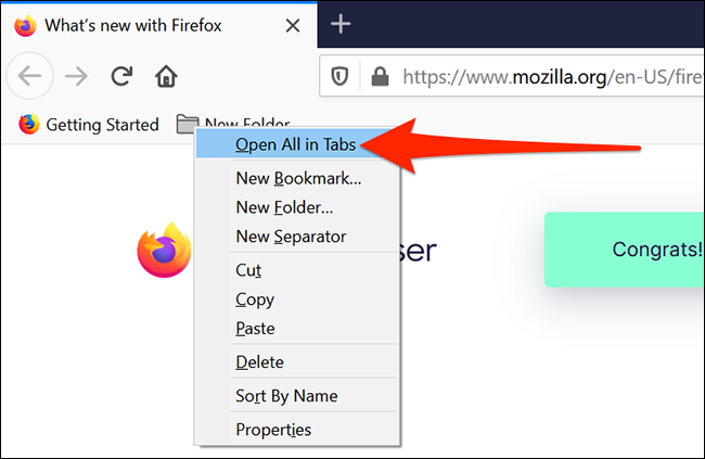 Nhấp chuột phải vào thư mục dấu trang của mình và chọn Open All in Tabs