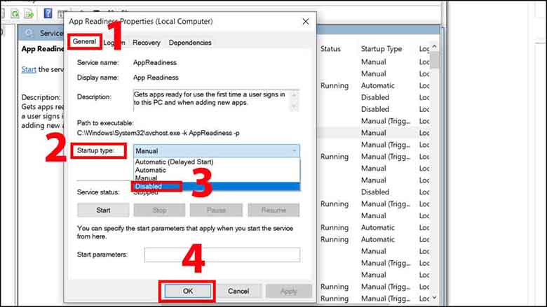 Chọn tab "General" > Chọn giá trị "Disabled" ở mục "Startup type" > Nhấn "OK" để xác nhận