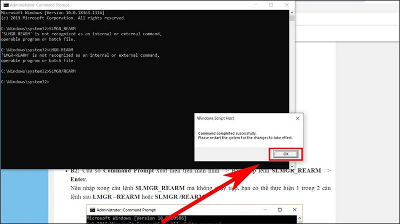 Màn hình sẽ hiện lên cửa sổ “Command Prompt”, nhập lệnh “SLMGR/REARM”