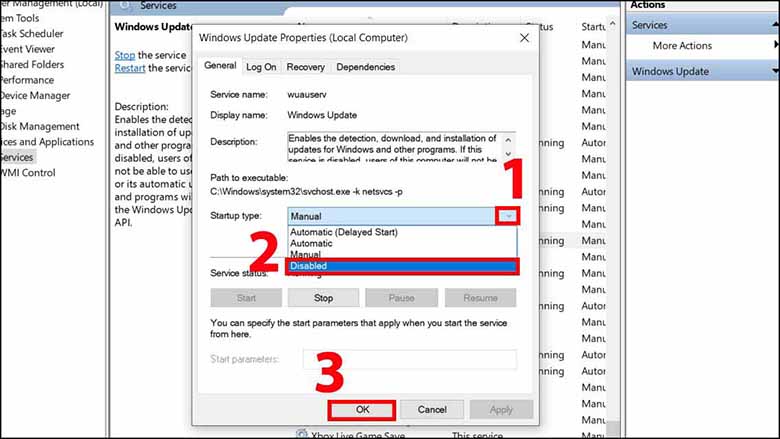 Vào mục "Startup type" > Chọn "Disabled" > Nhấn "OK" để kết thúc cài đặt.