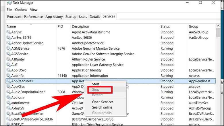 Nhấn chuột phải vào "AppReadiness", chọn "Stop" 
