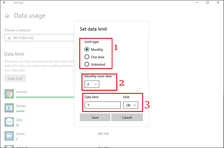 Cài đặt cấu hình giới hạn sử dụng trong mục Set data limit