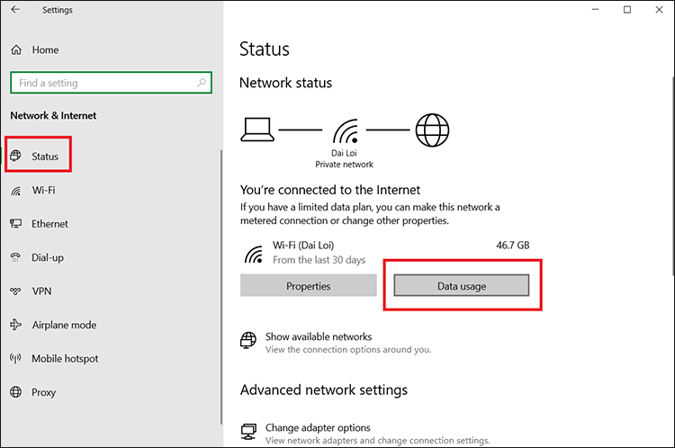 Tại hộp thoại Status, chọn Data usage