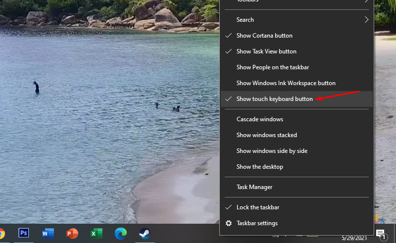 Click chuột phải vào thanh Taskbar > Show touch keyboard button