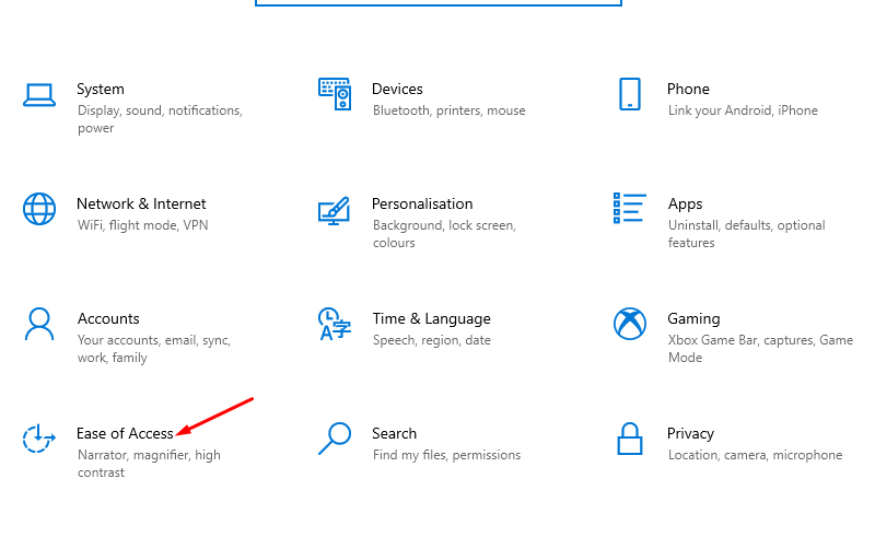Tại đây, bạn chọn mục Ease of Access