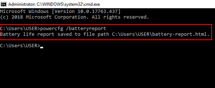 Trong giao diện Command Prompt, nhập tiếp lệnh powercfg /batteryreport
