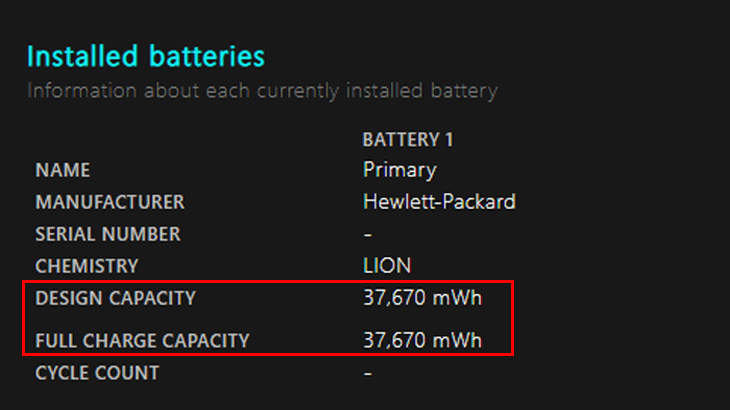 Trong trang Battery report hiện ra, tìm đến danh mục Installed batteries