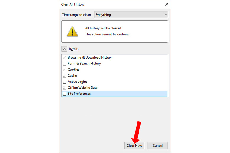 Chọn Clear Now để xóa bộ nhớ đệm trên Firefox giúp khắc phục laptop bắt wifi yếu