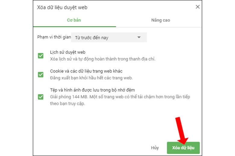 Nhấn vào chữ Cốc Cốc trên cùng màn hình -> Công cụ khác -> Xóa dữ liệu duyệt...