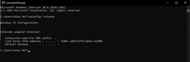 ử dụng lệnh "ipconfig /release" > sau đó nhấn "Enter" để thực hiện