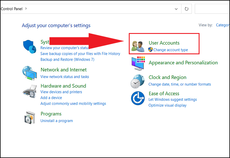 Nhấp vào User Accounts để mở cửa sổ User Accounts