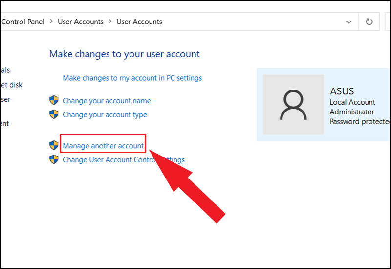 Nhấp vào liên kết Manage another account.