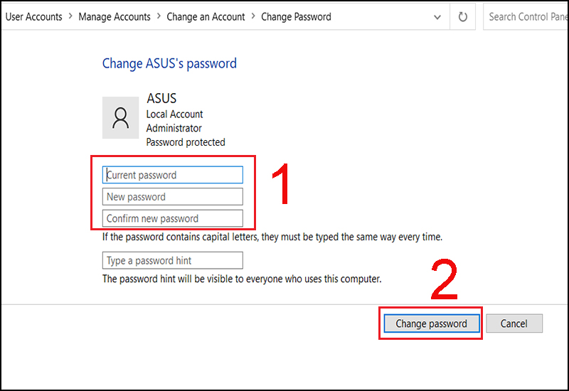 Bấm vào nút Change password để thay đổi mật khẩu