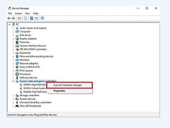 Click chuột phải vào Audio inputs and outputs và chọn Scan for hardware changes