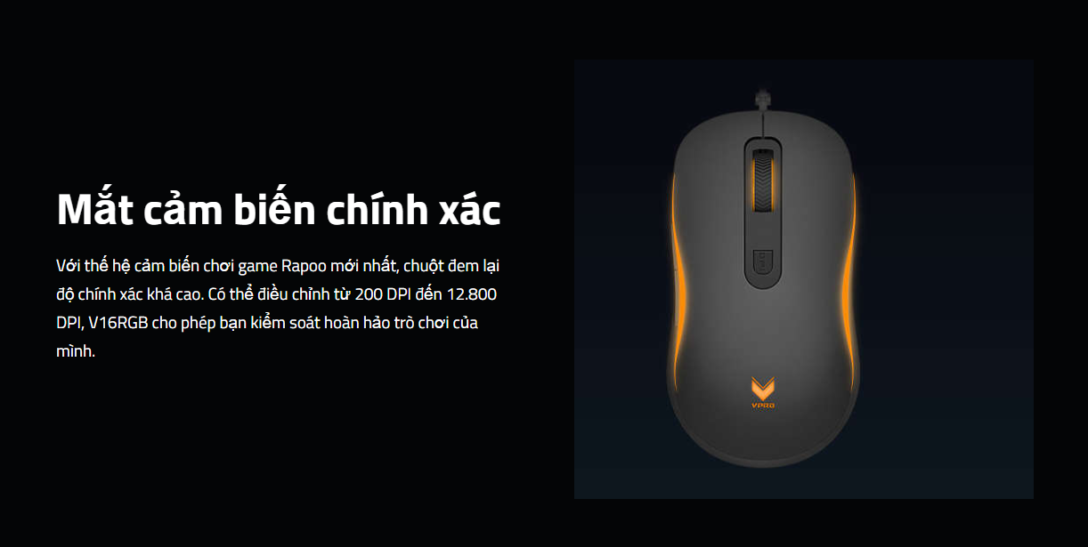 Mouse Rapoo gaming V16-BK có thiết kế cân xứng, bề mặt phủ lớp giả da chống trơn trượt