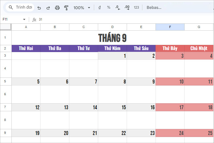 Dưới đây là một số gợi ý để bạn định dạng Lịch trên Google Sheet đẹp mắt hơn