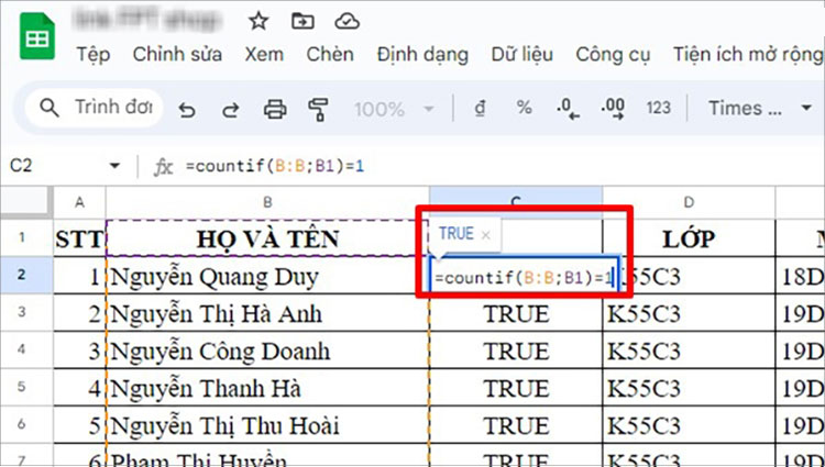 Lọc dữ liệu trùng trong Google Sheet