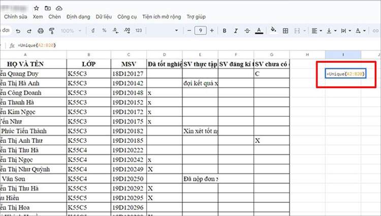 Sử dụng hàm lọc trùng trong Google Sheet