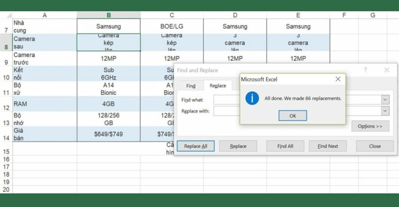 Cách sử dụng tính năng Find & Replace để xuống dòng trong Excel.