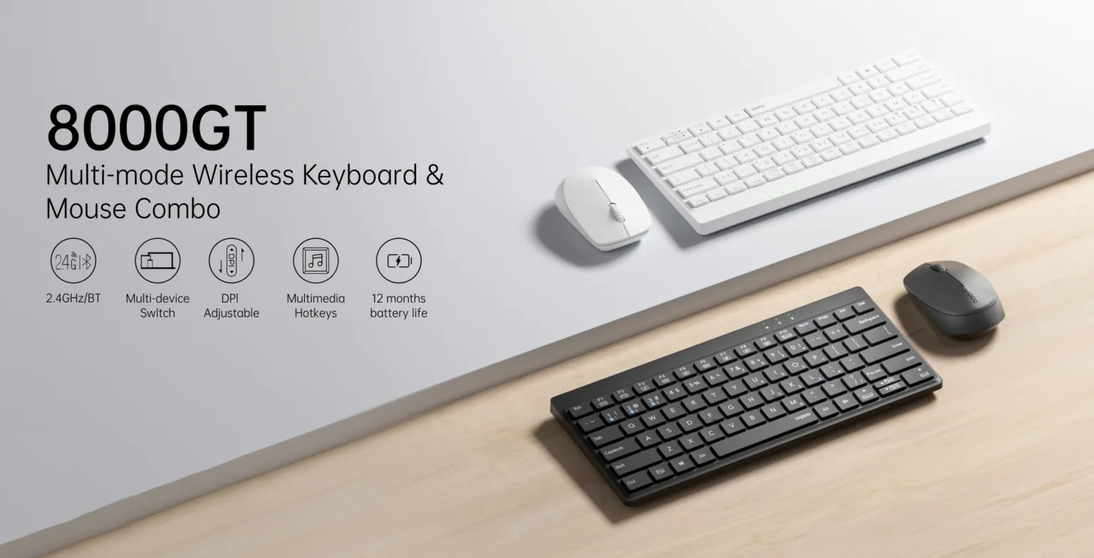 Keyboard + Mouse Bluetooth + wireless Rapoo 8000GT đen sử dụng kết nối chế độ kép 2.4G/Bluetooth