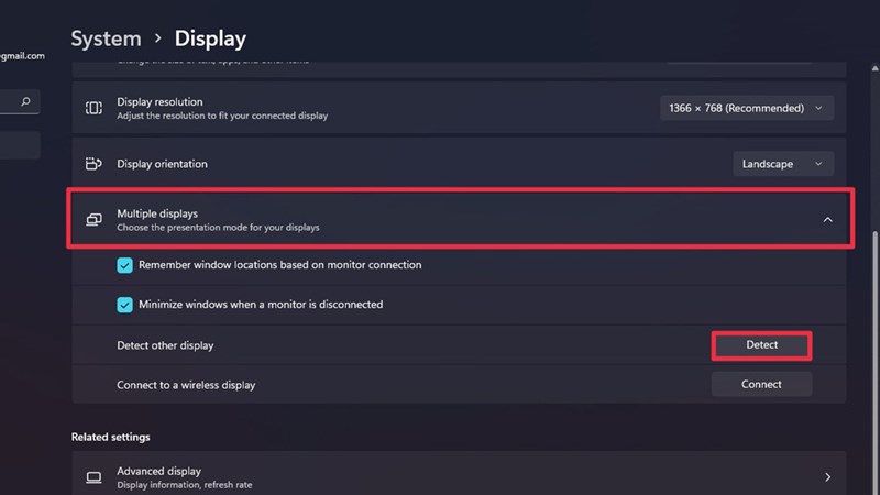 Chọn vào Detect other display, và nếu kết nối không dây thì bạn hãy chọn Connect to wireless display.