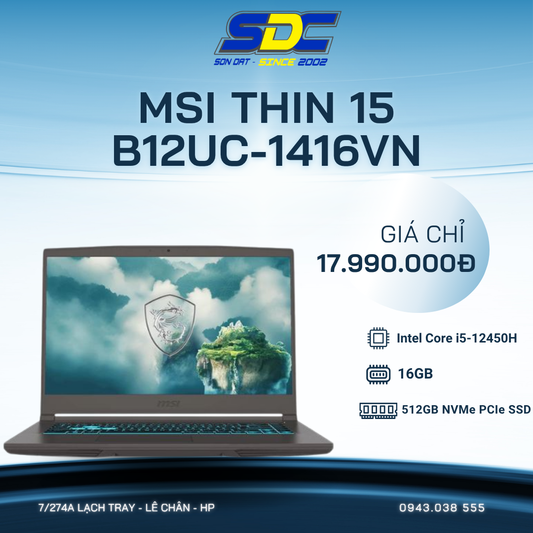 MSI Thin 15 B12UC-1416VN được trang bị bộ vi xử lý Intel Core i5-12450H