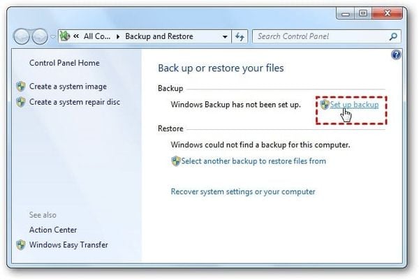 Trong cửa sổ Backup and Restore, chọn Set up backup.