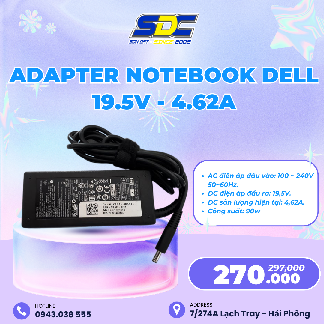Adapter Notebook Dell 19.5V - 4.62A chân kim nhỏ envy