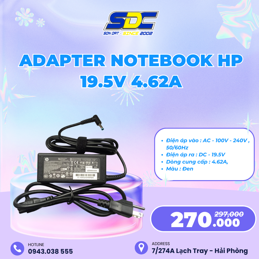  Adapter Notebook HP 19.5V 4.62A chân kim nhỏ