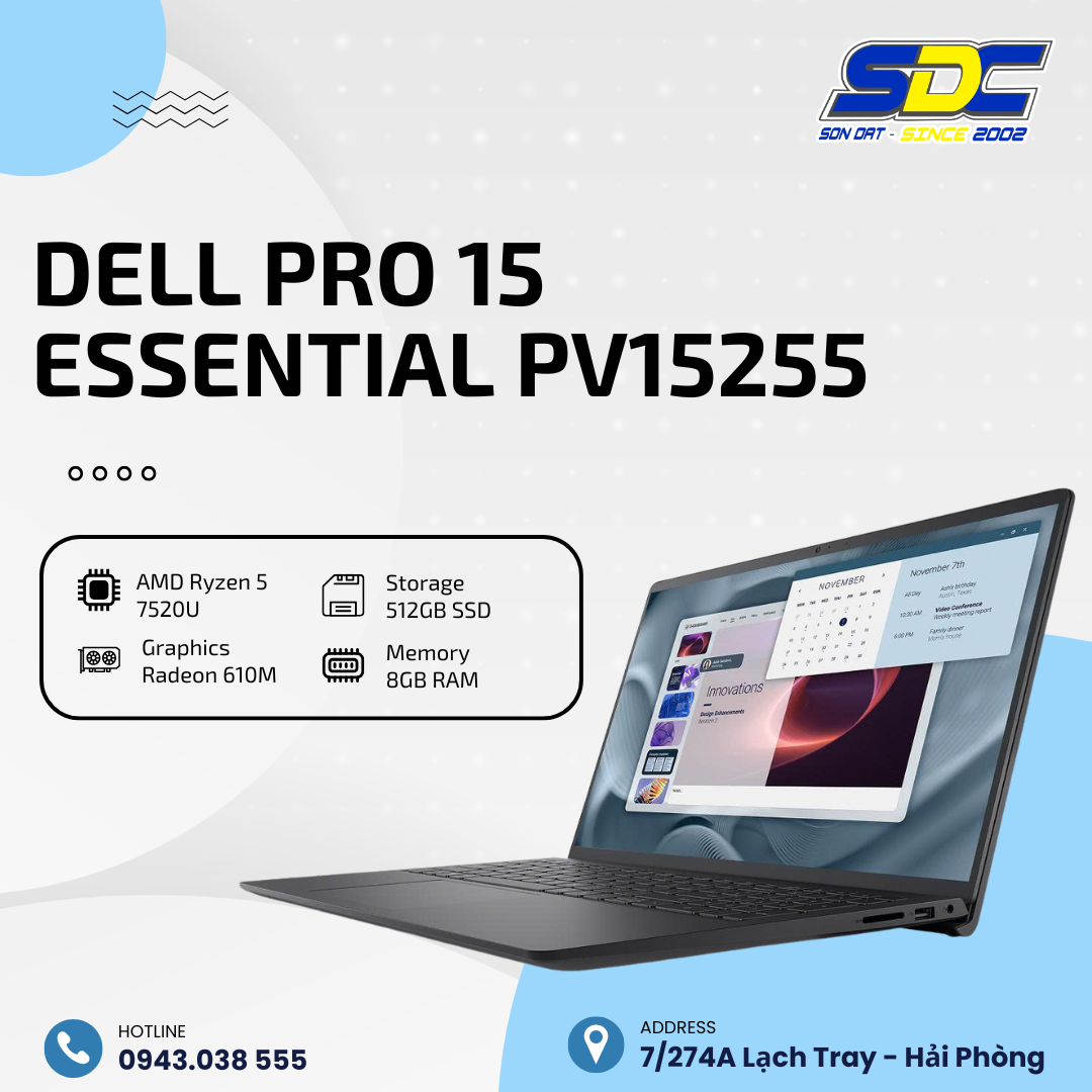 DELL PRO 15 ESSENTIAL PV15255 mang đến sự cân bằng giữa hiệu năng ổn định và thiết kế bền bỉ