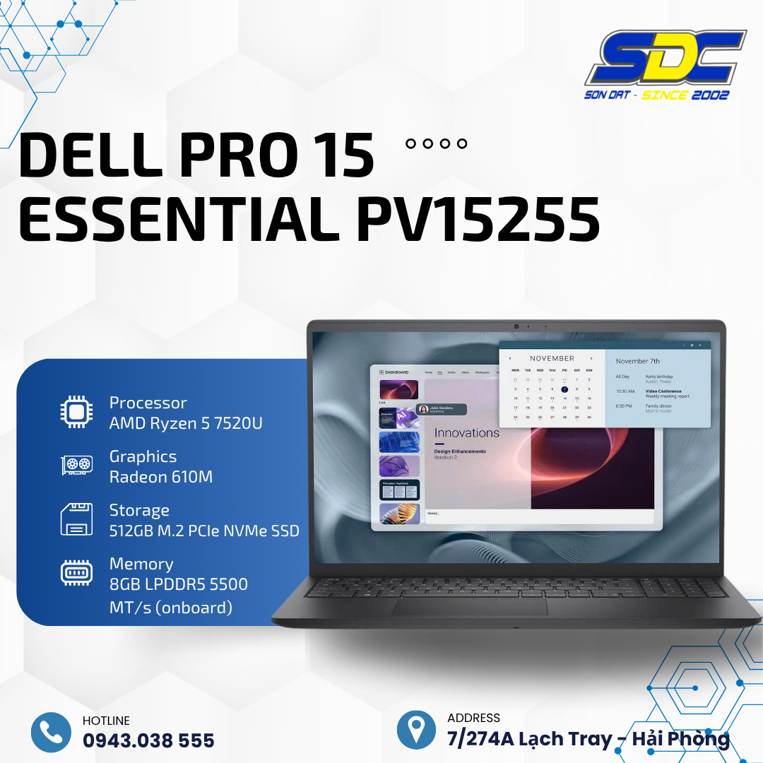 Notebook DELL PRO 15 ESSENTIAL PV15255 mang đến sự cân bằng giữa hiệu năng ổn định và thiết kế bền bỉ