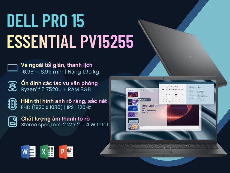 Notebook DELL PRO 15 ESSENTIAL PV15255 mang đến sự cân bằng giữa hiệu năng ổn định và thiết kế bền bỉ