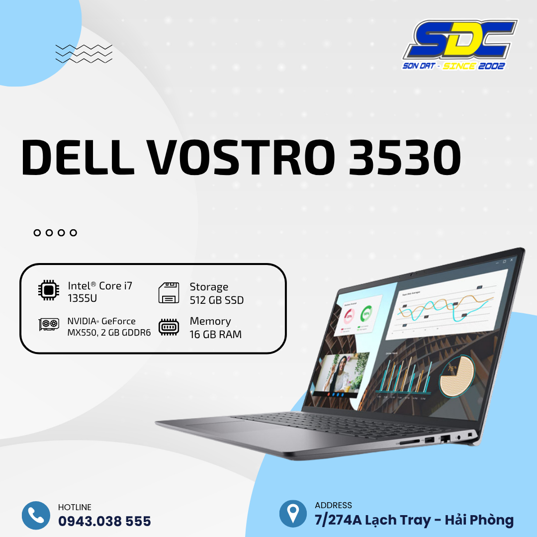 Dell Vostro 3530 sở hữu cấu hình mạnh mẽ với Intel Core i7 thế hệ 13 cùng RAM 16GB DDR4
