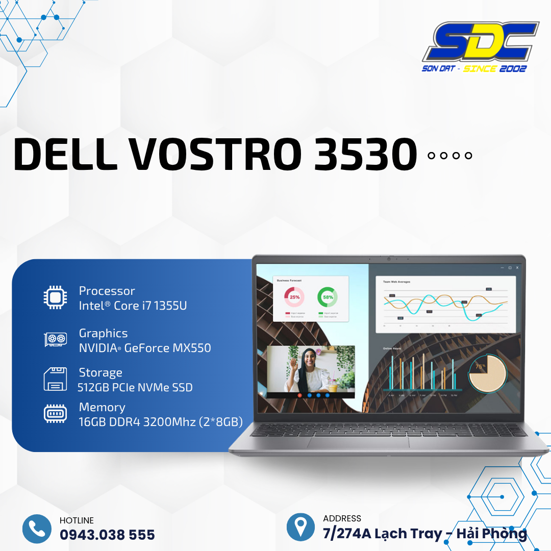 Dell Vostro 3530 sở hữu cấu hình mạnh mẽ với Intel Core i7 thế hệ 13 cùng RAM 16GB DDR4
