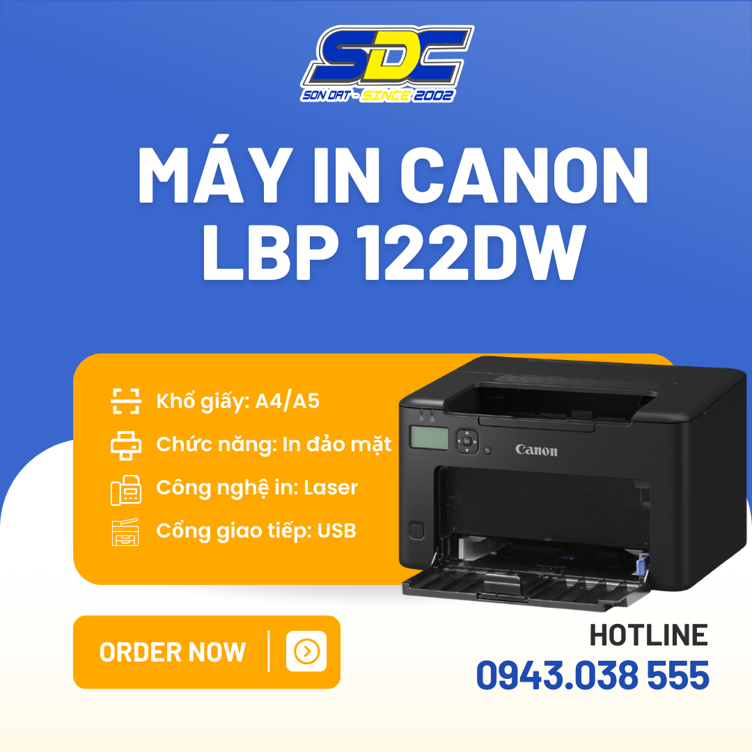  Máy in Canon LBP 122DW chính hãng, với kích thước nhỏ gọn 356x283x213mm và trọng lượng 6.0kg