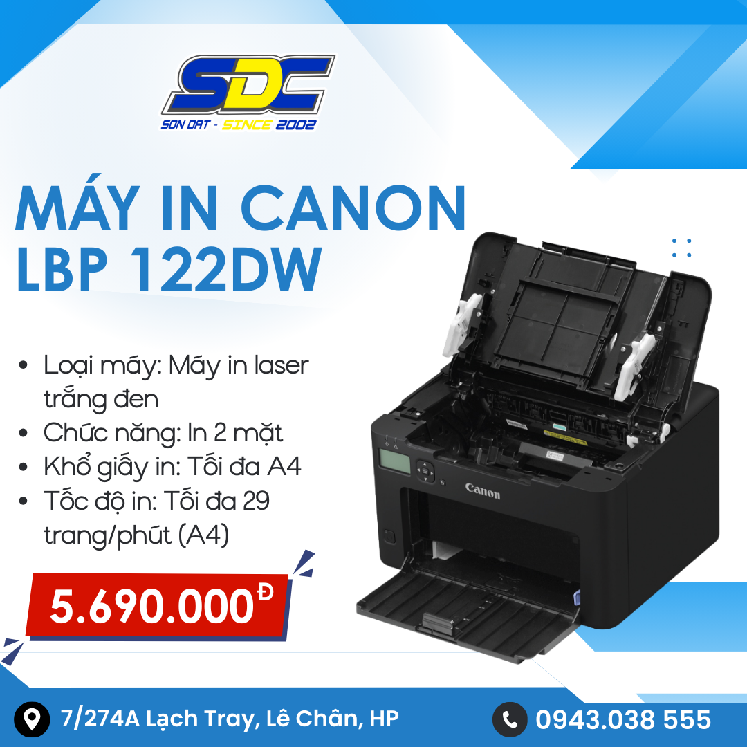 Máy in Canon LBP 122DW chính hãng, với kích thước nhỏ gọn 356x283x213mm và trọng lượng 6.0kg hoàn toàn phù hợp với mọi không gian