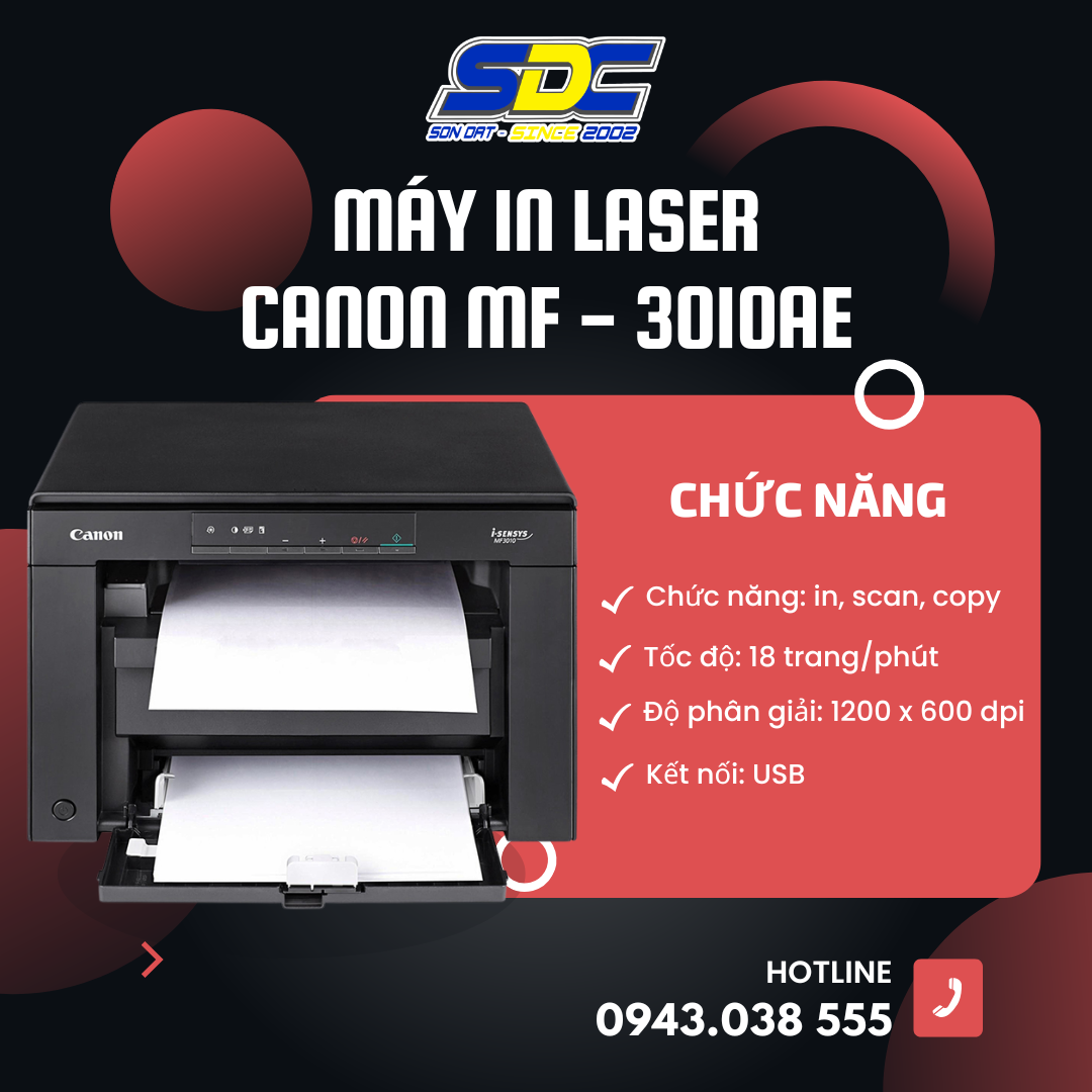 Máy in laser Canon MF3010AE là chiếc máy in đa năng của Canon được thiết kế nhỏ gọn
