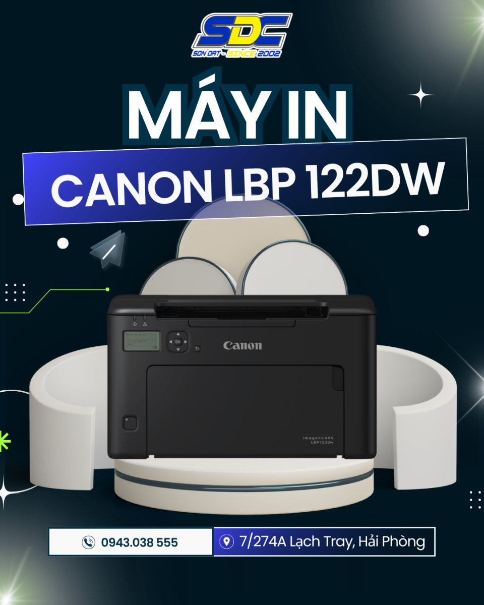 Máy in Canon LBP 122DW chính hãng, với kích thước nhỏ gọn 356x283x213mm và trọng lượng 6.0kg