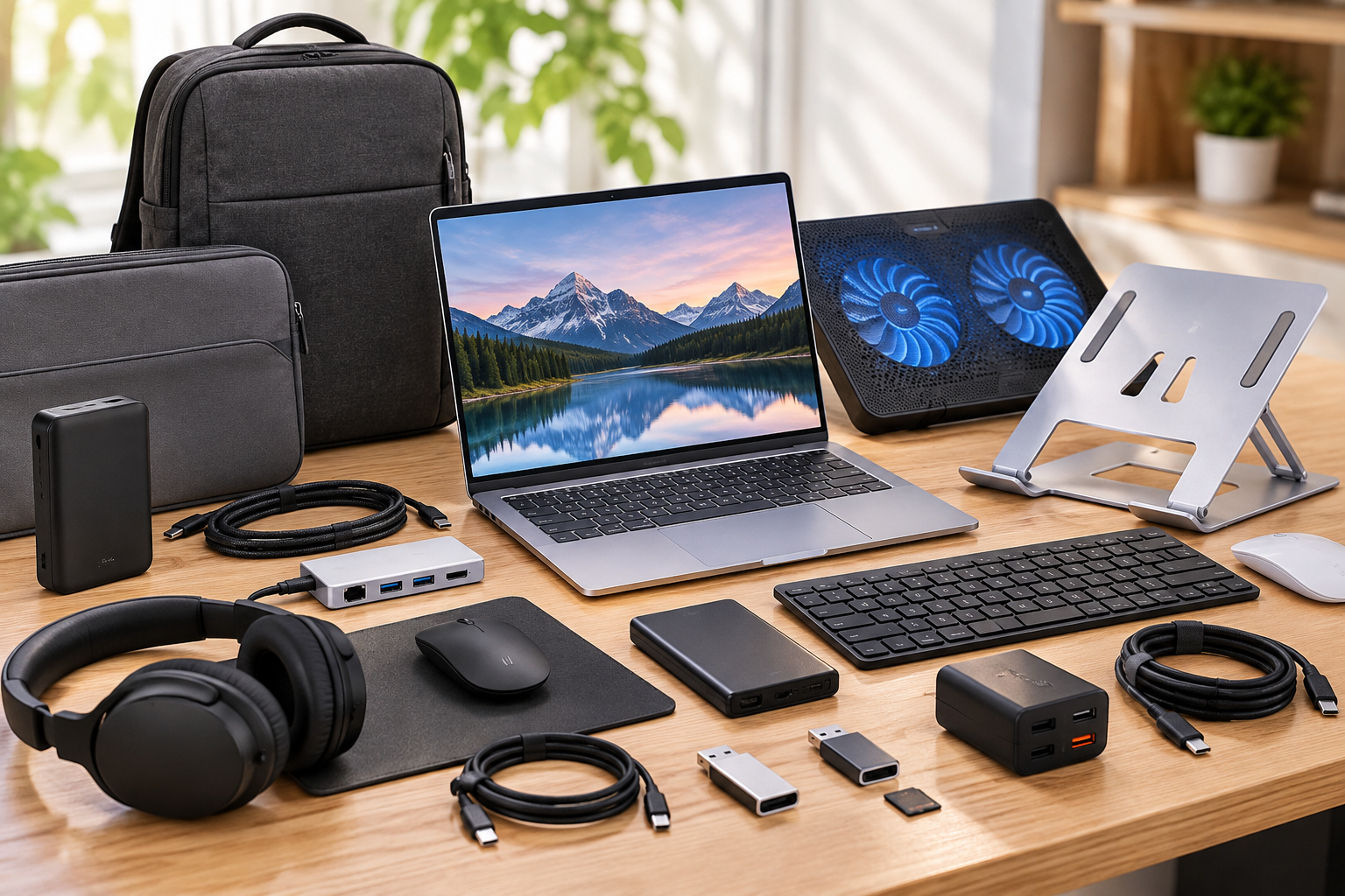 Bộ phụ kiện laptop hiện đại trên bàn gỗ.png