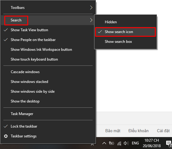Hiển thị icon tìm kiếm trong Windows 10