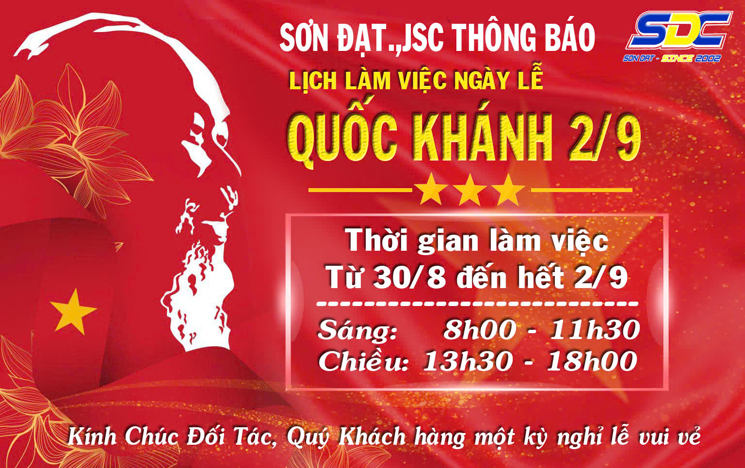 SONDAT., JSC THÔNG BÁO LỊCH LÀM VIỆC DỊP QUỐC KHÁNH 2/9